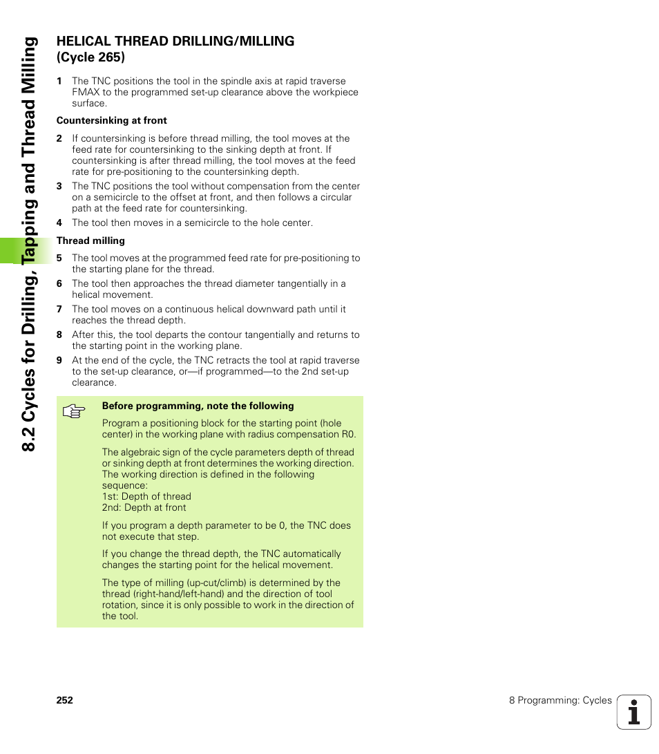 Helical thread drilling/milling (cycle 265) | HEIDENHAIN TNC 320 (340 55x-03) User Manual | Page 252 / 525