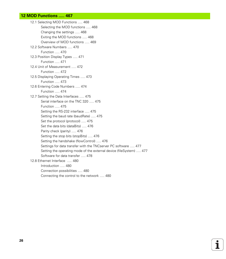 12 mod functions, Mod functions | HEIDENHAIN TNC 320 (340 55x-03) User Manual | Page 26 / 525