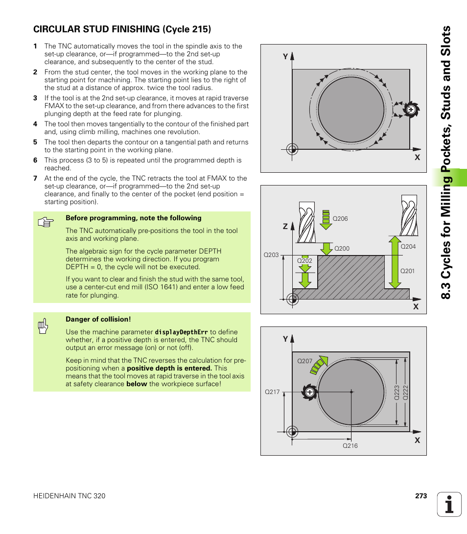 Circular stud finishing (cycle 215) | HEIDENHAIN TNC 320 (340 55x-03) User Manual | Page 273 / 525