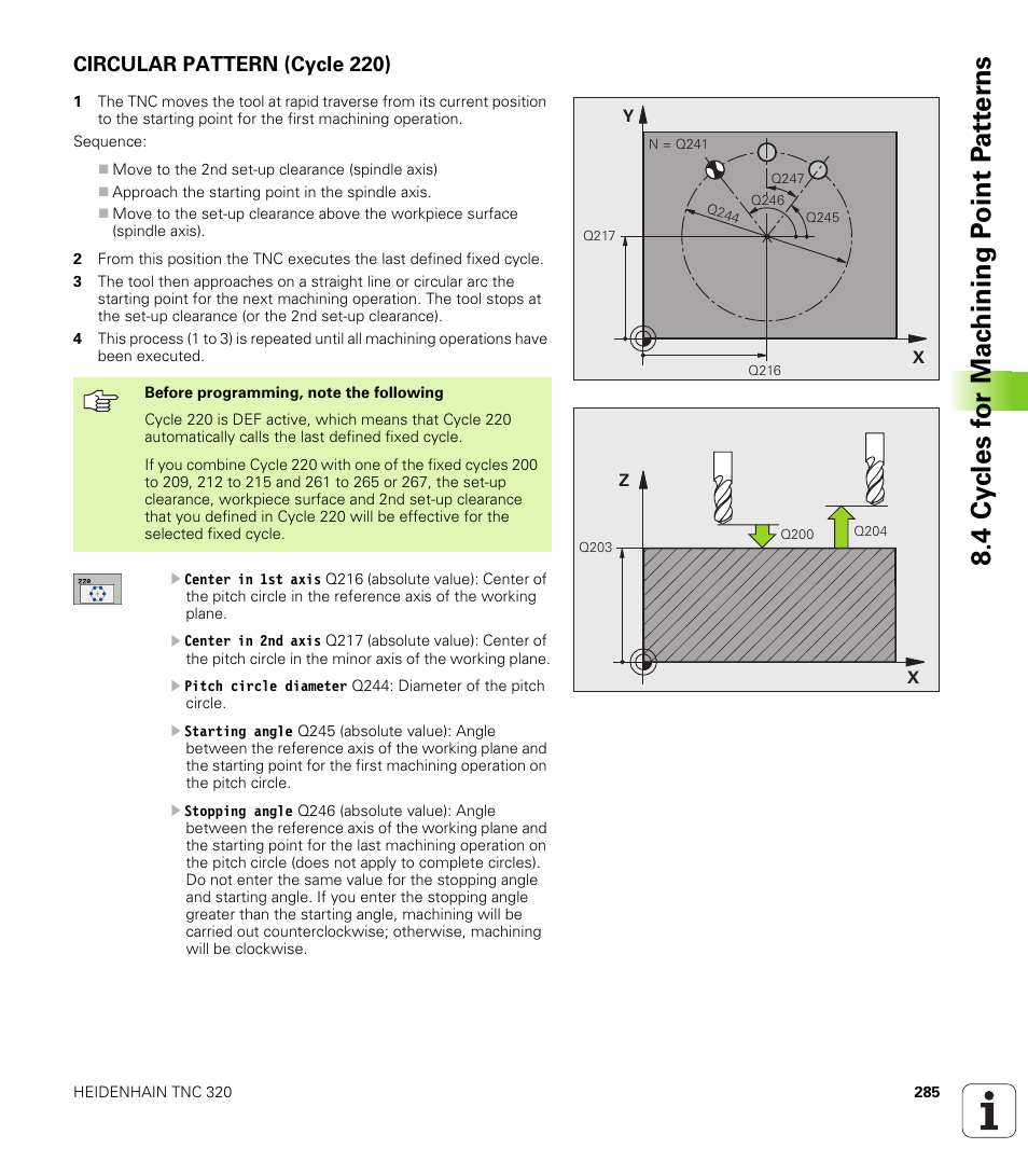 Circular pattern (cycle 220) | HEIDENHAIN TNC 320 (340 55x-03) User Manual | Page 285 / 525