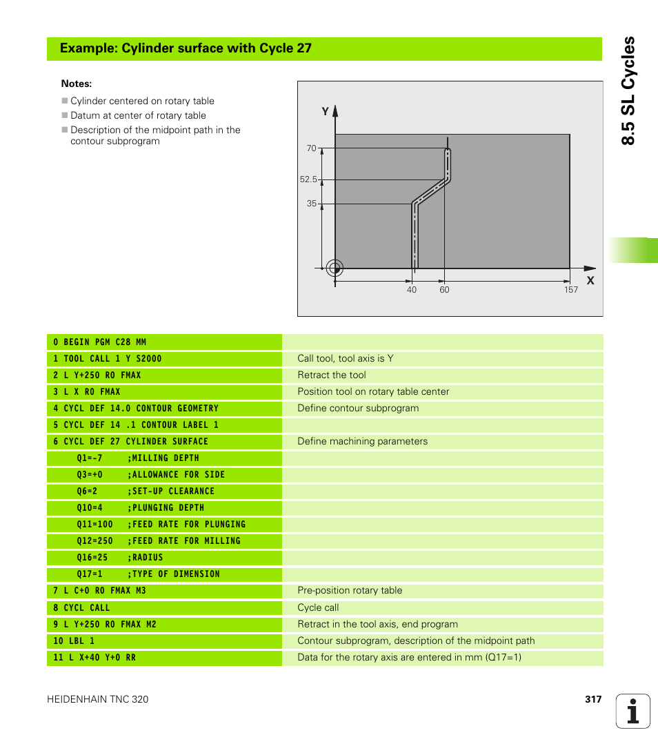 5 sl cy cles, Example: cylinder surface with cycle 27 | HEIDENHAIN TNC 320 (340 55x-03) User Manual | Page 317 / 525