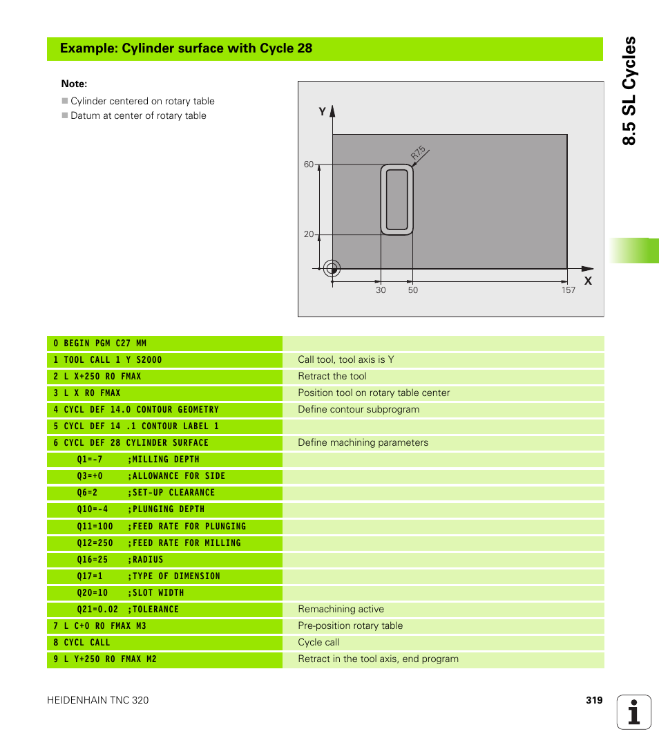 5 sl cy cles, Example: cylinder surface with cycle 28 | HEIDENHAIN TNC 320 (340 55x-03) User Manual | Page 319 / 525