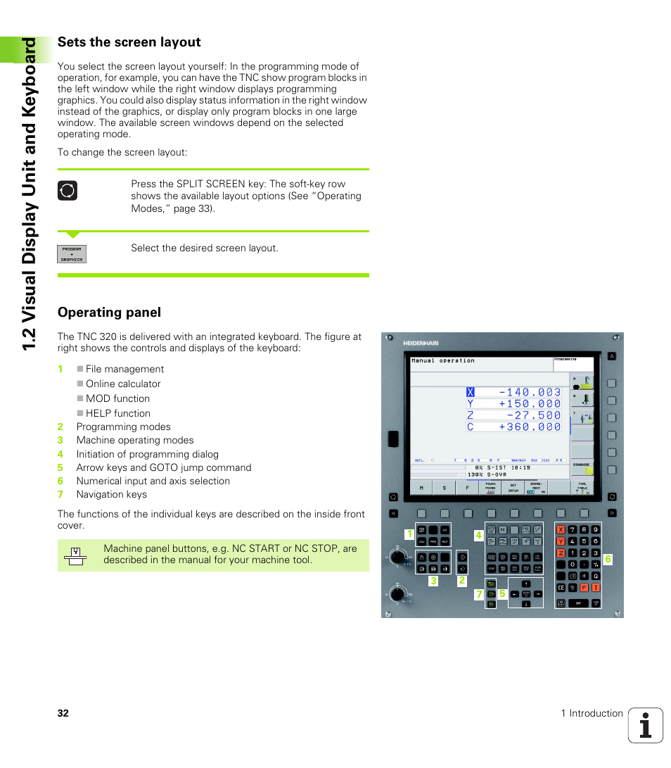 Sets the screen layout, Operating panel, 2 v isual displa y unit and k e yboar d | HEIDENHAIN TNC 320 (340 55x-03) User Manual | Page 32 / 525