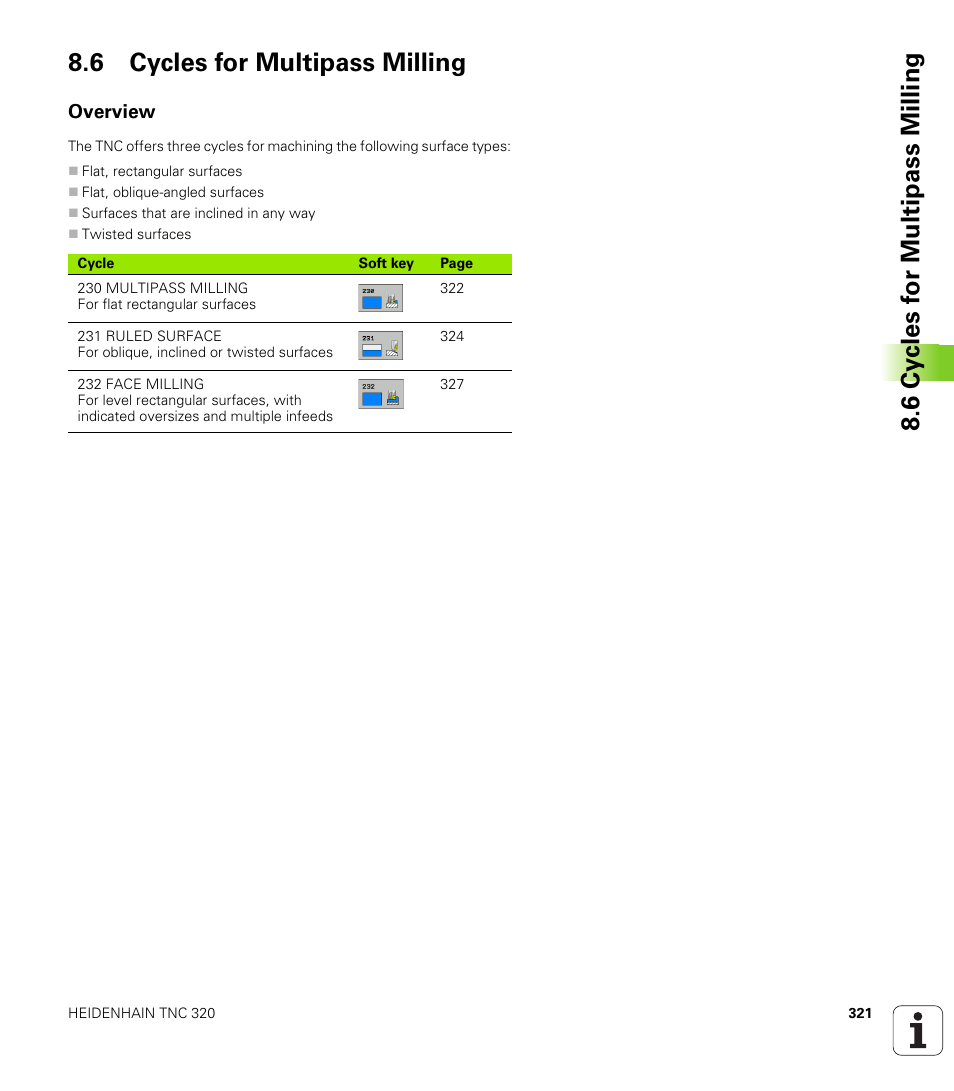 6 cycles for multipass milling, Overview | HEIDENHAIN TNC 320 (340 55x-03) User Manual | Page 321 / 525