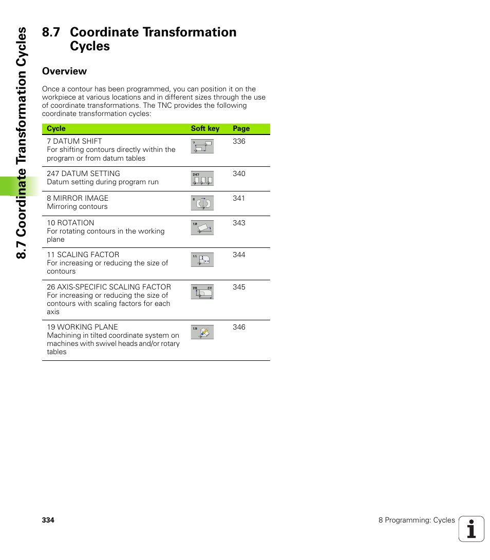 7 coordinate transformation cycles, Overview | HEIDENHAIN TNC 320 (340 55x-03) User Manual | Page 334 / 525