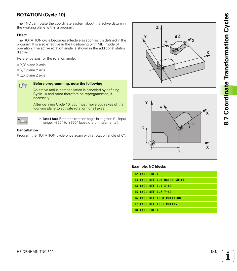 Rotation (cycle 10), 7 coor dinat e t ransf or mation cy cles | HEIDENHAIN TNC 320 (340 55x-03) User Manual | Page 343 / 525