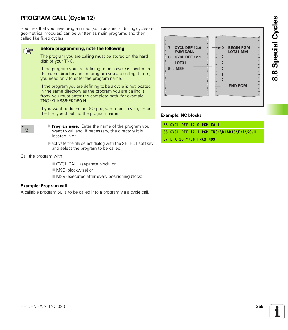 Program call (cycle 12), 8 special cy cles | HEIDENHAIN TNC 320 (340 55x-03) User Manual | Page 355 / 525
