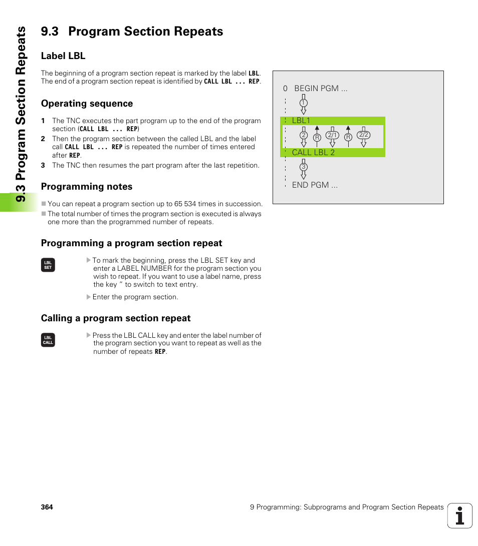3 program section repeats, Label lbl, Operating sequence | Programming notes, Programming a program section repeat, Calling a program section repeat | HEIDENHAIN TNC 320 (340 55x-03) User Manual | Page 364 / 525