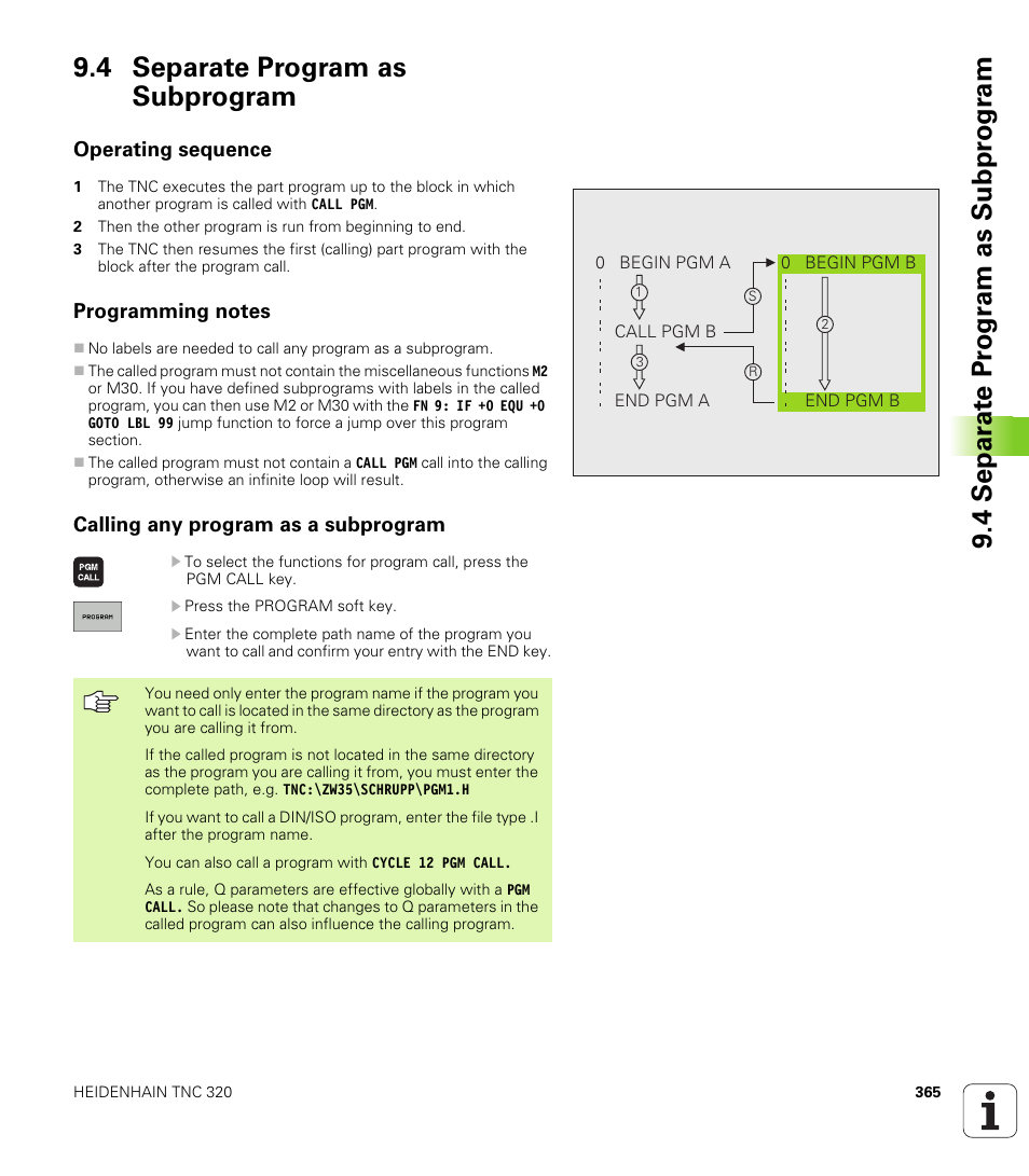 4 separate program as subprogram, Operating sequence, Programming notes | Calling any program as a subprogram | HEIDENHAIN TNC 320 (340 55x-03) User Manual | Page 365 / 525