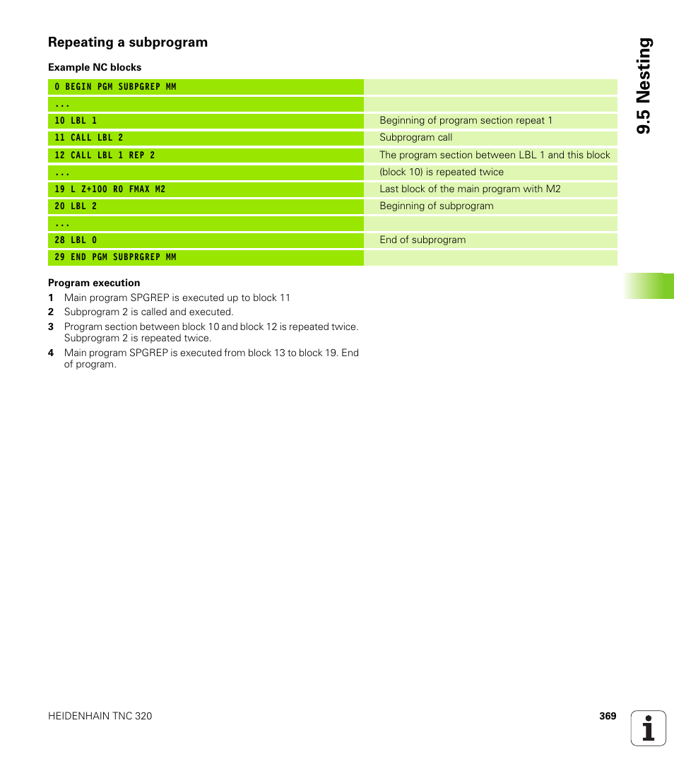 Repeating a subprogram, 5 nesting | HEIDENHAIN TNC 320 (340 55x-03) User Manual | Page 369 / 525