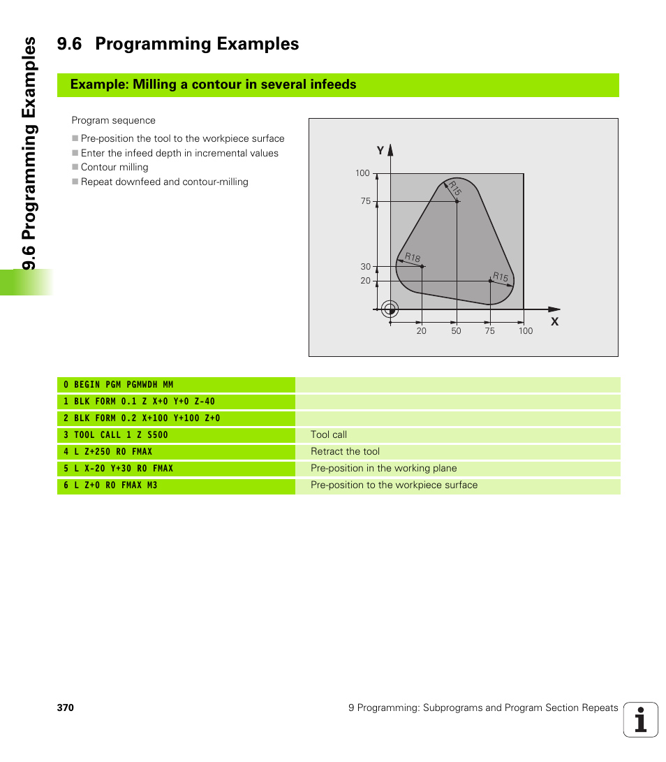 6 programming examples, 6 pr ogr amming examples 9.6 programming examples, Example: milling a contour in several infeeds | HEIDENHAIN TNC 320 (340 55x-03) User Manual | Page 370 / 525