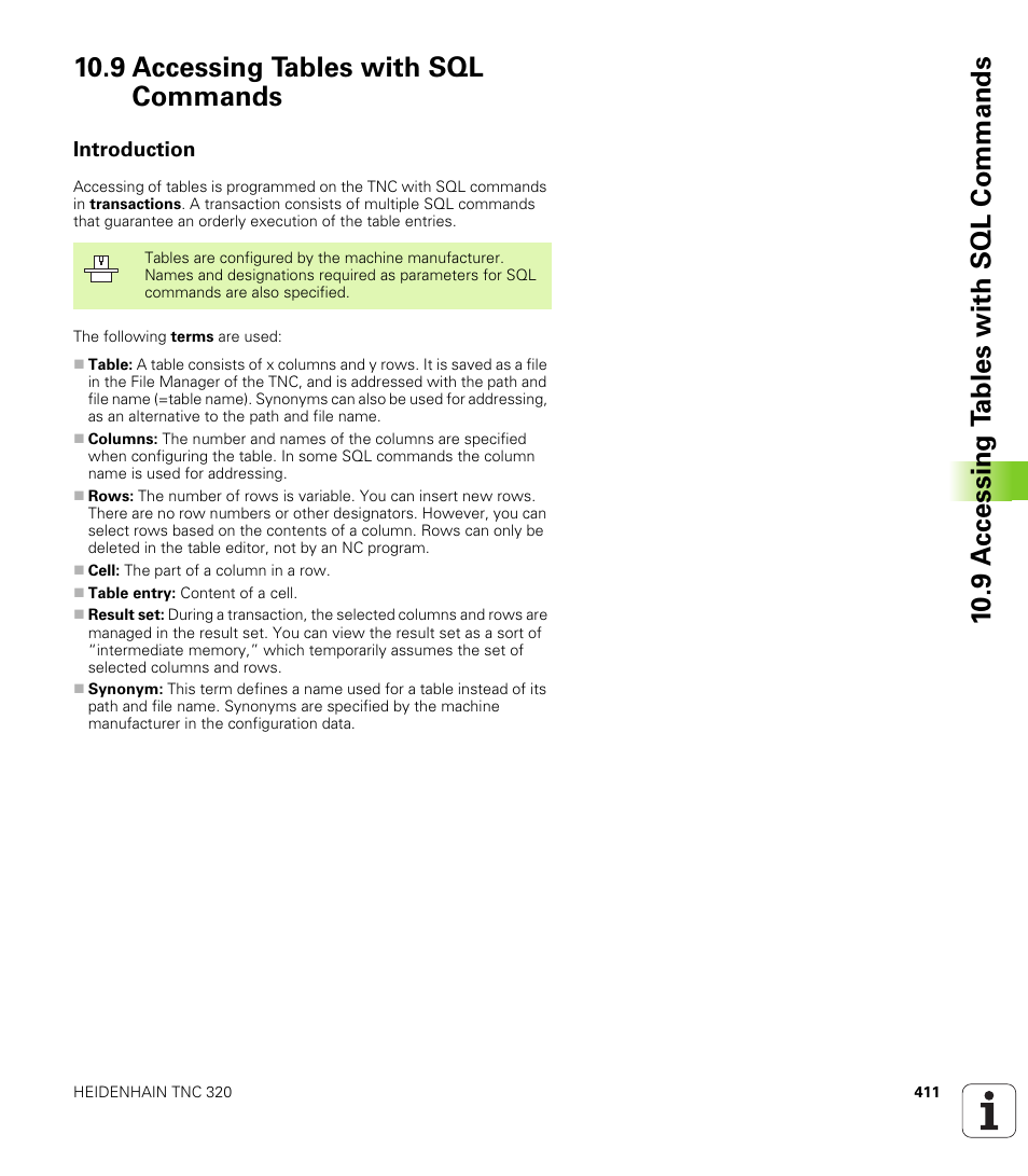 9 accessing tables with sql commands, Introduction | HEIDENHAIN TNC 320 (340 55x-03) User Manual | Page 411 / 525