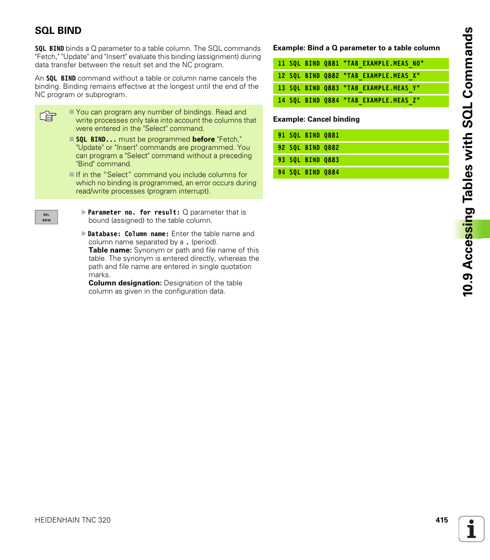 Sql bind, 10 .9 a c cessing t a bles with sql commands | HEIDENHAIN TNC 320 (340 55x-03) User Manual | Page 415 / 525