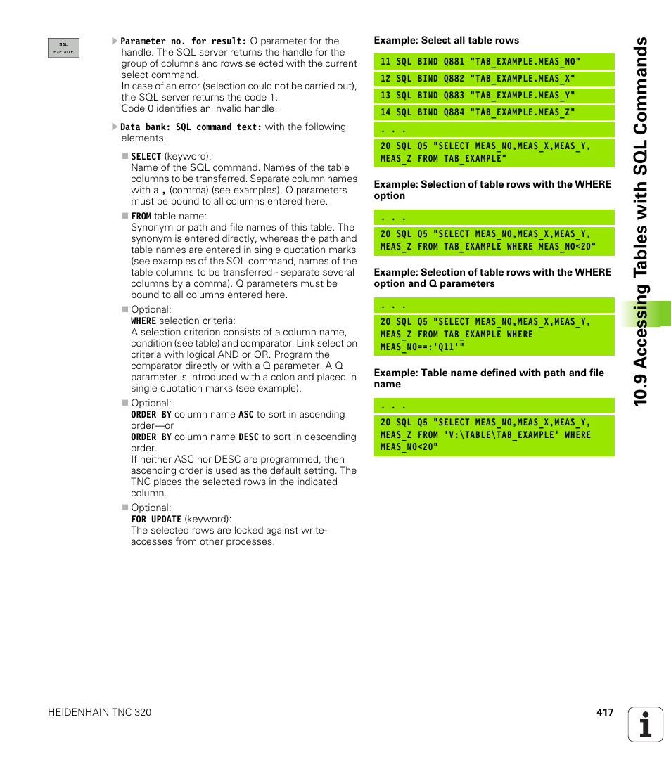 10 .9 a c cessing t a bles with sql commands | HEIDENHAIN TNC 320 (340 55x-03) User Manual | Page 417 / 525