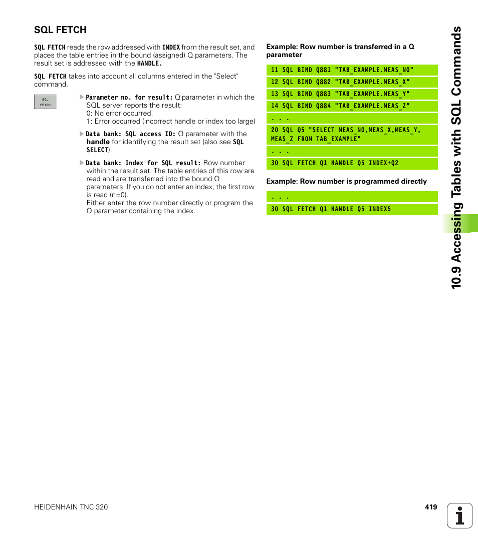Sql fetch, 10 .9 a c cessing t a bles with sql commands | HEIDENHAIN TNC 320 (340 55x-03) User Manual | Page 419 / 525