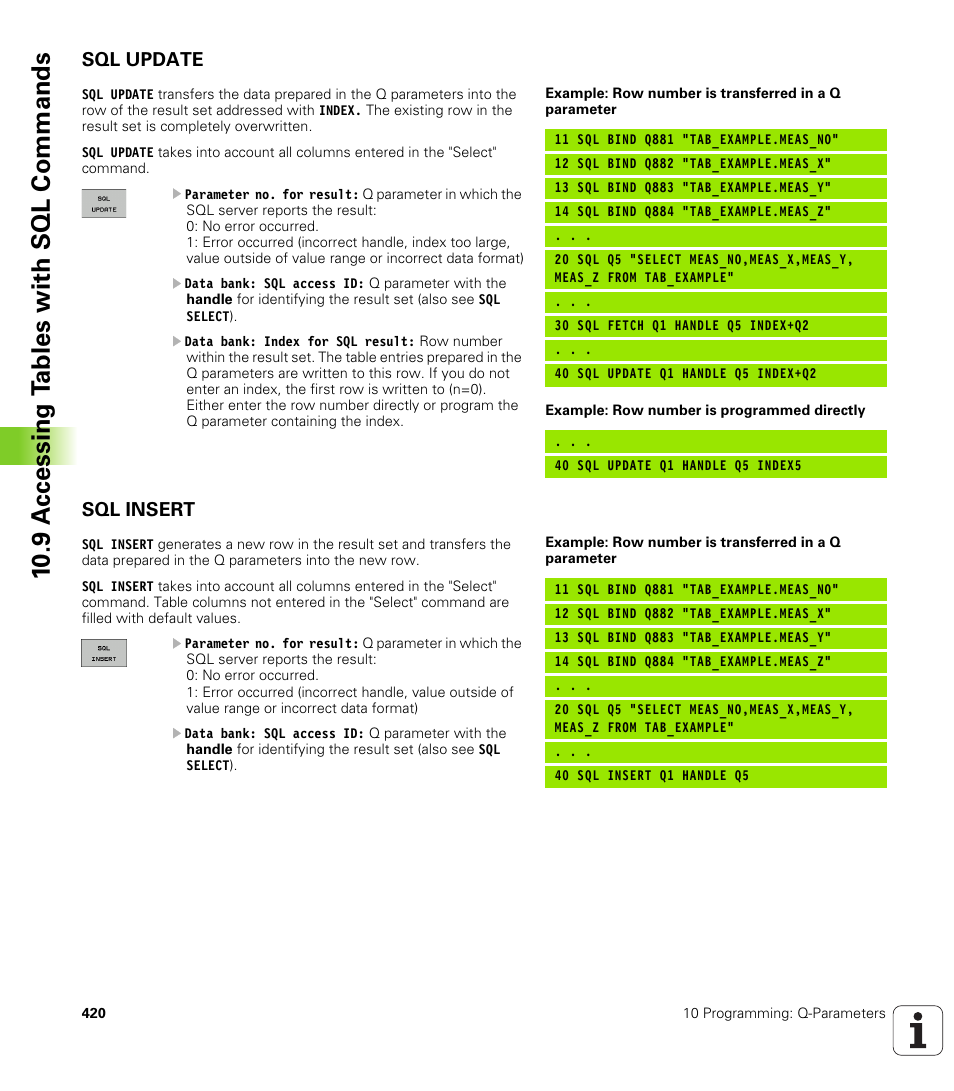 Sql update, Sql insert, 10 .9 a c cessing t a bles with sql commands | HEIDENHAIN TNC 320 (340 55x-03) User Manual | Page 420 / 525