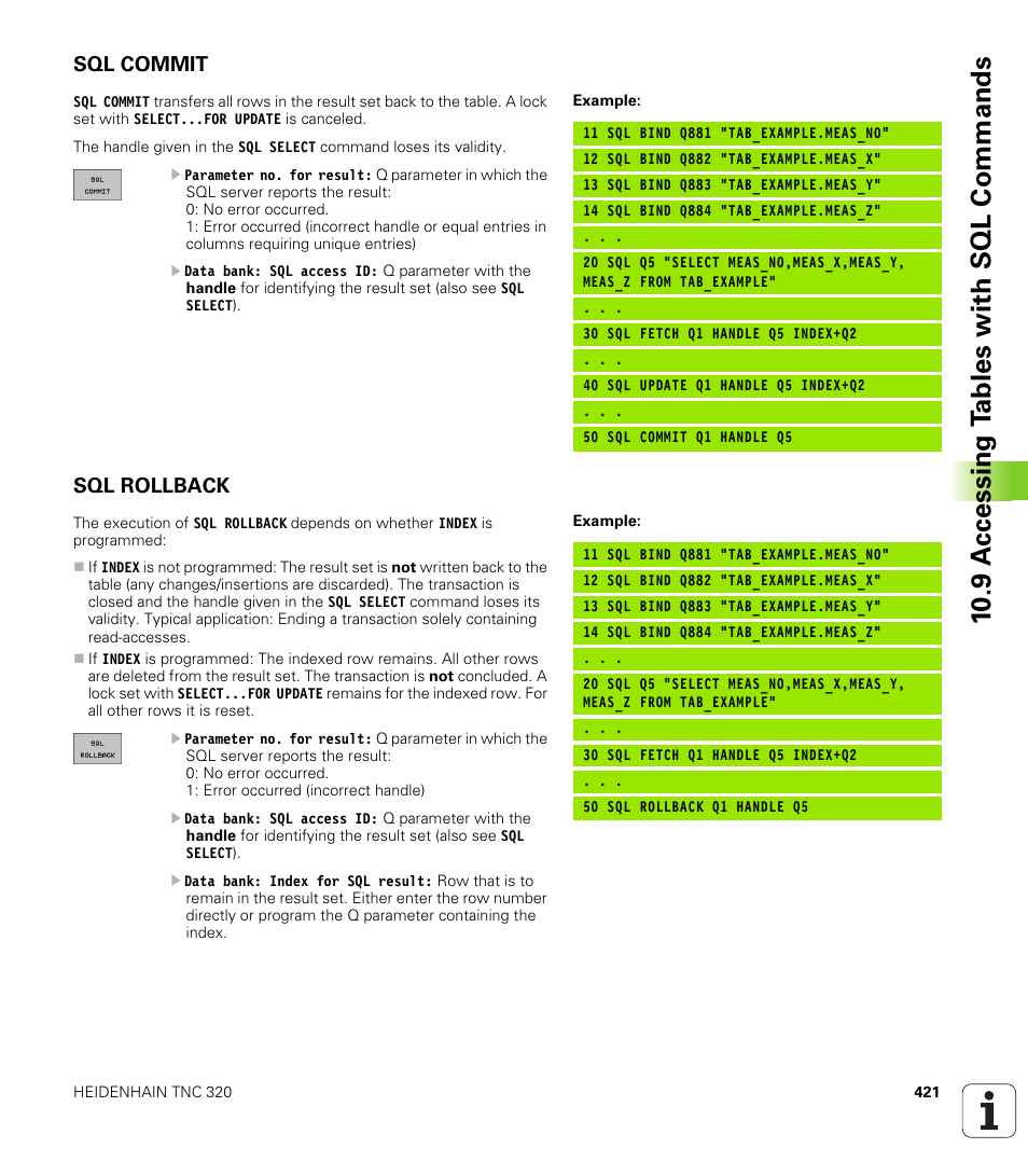 Sql commit, Sql rollback, 10 .9 a c cessing t a bles with sql commands | HEIDENHAIN TNC 320 (340 55x-03) User Manual | Page 421 / 525