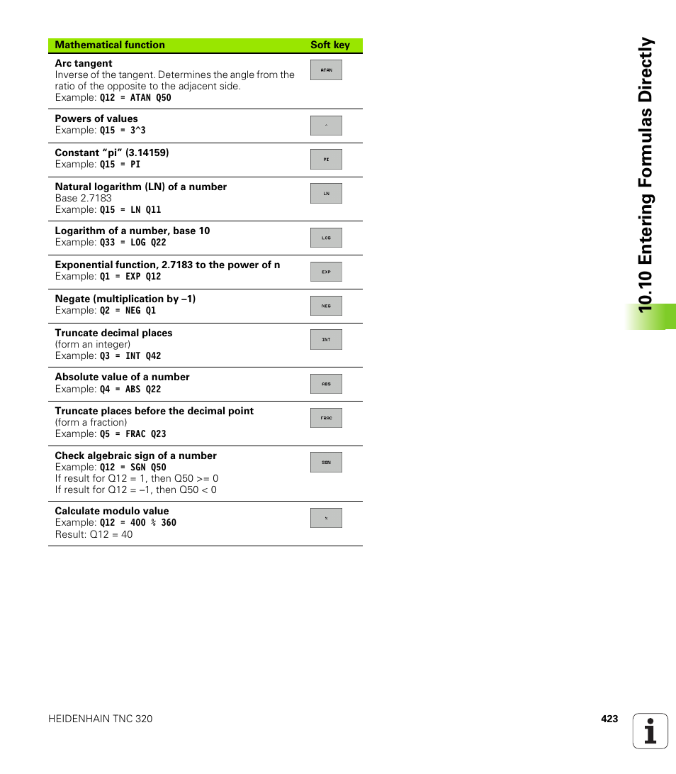 10 .1 0 ent er ing f o rm ulas dir e ctly | HEIDENHAIN TNC 320 (340 55x-03) User Manual | Page 423 / 525
