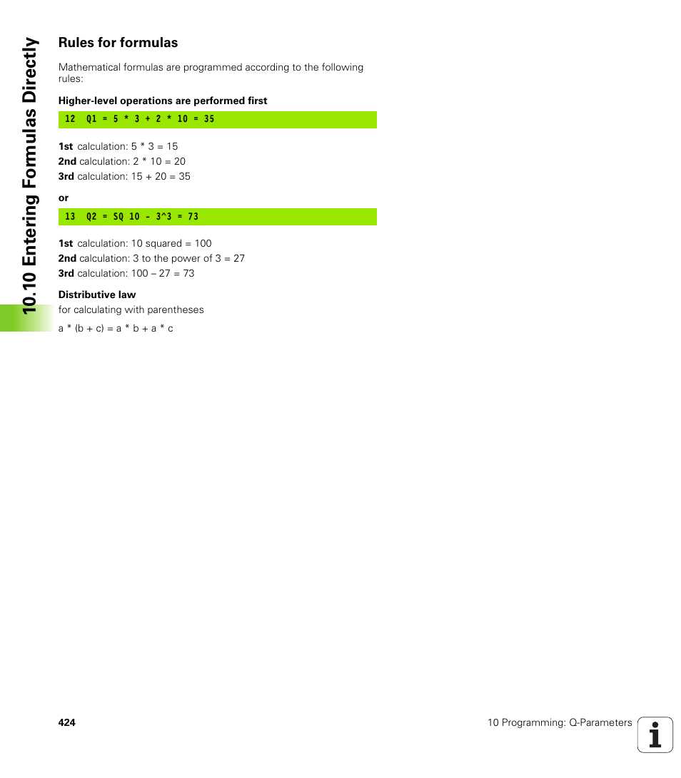 Rules for formulas, 10 .1 0 ent er ing f o rm ulas dir e ctly | HEIDENHAIN TNC 320 (340 55x-03) User Manual | Page 424 / 525