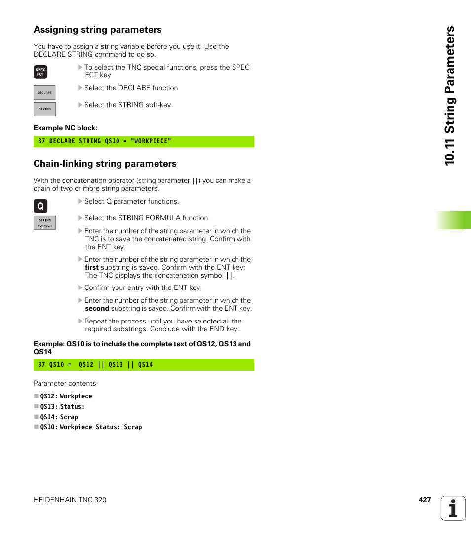 Assigning string parameters, Chain-linking string parameters, 10 .1 1 str ing p a ra met e rs | HEIDENHAIN TNC 320 (340 55x-03) User Manual | Page 427 / 525