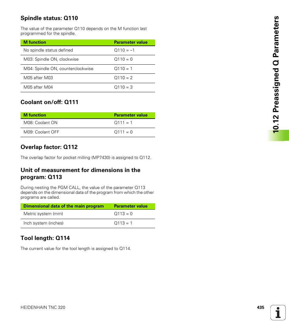 Spindle status: q110, Coolant on/off: q111, Overlap factor: q112 | Tool length: q114 | HEIDENHAIN TNC 320 (340 55x-03) User Manual | Page 435 / 525