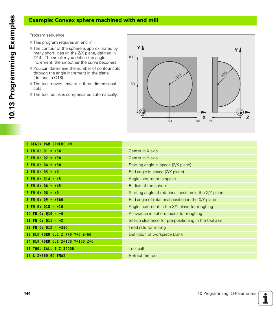 10 .13 pr ogr amming examples, Example: convex sphere machined with end mill | HEIDENHAIN TNC 320 (340 55x-03) User Manual | Page 444 / 525