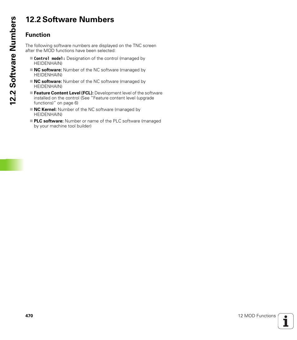 2 software numbers, Function, 2 sof tw a re numbers 12.2 software numbers | HEIDENHAIN TNC 320 (340 55x-03) User Manual | Page 470 / 525