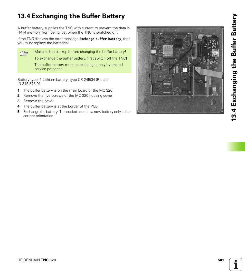 4 exchanging the buffer battery | HEIDENHAIN TNC 320 (340 55x-03) User Manual | Page 501 / 525