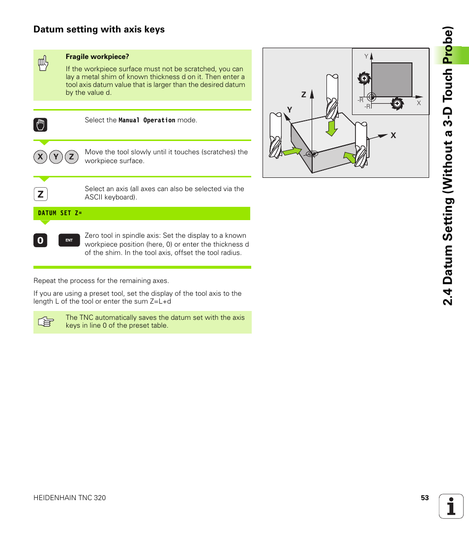 Datum setting with axis keys, 4 d a tu m set ting (without a 3-d t ouc h pr obe) | HEIDENHAIN TNC 320 (340 55x-03) User Manual | Page 53 / 525
