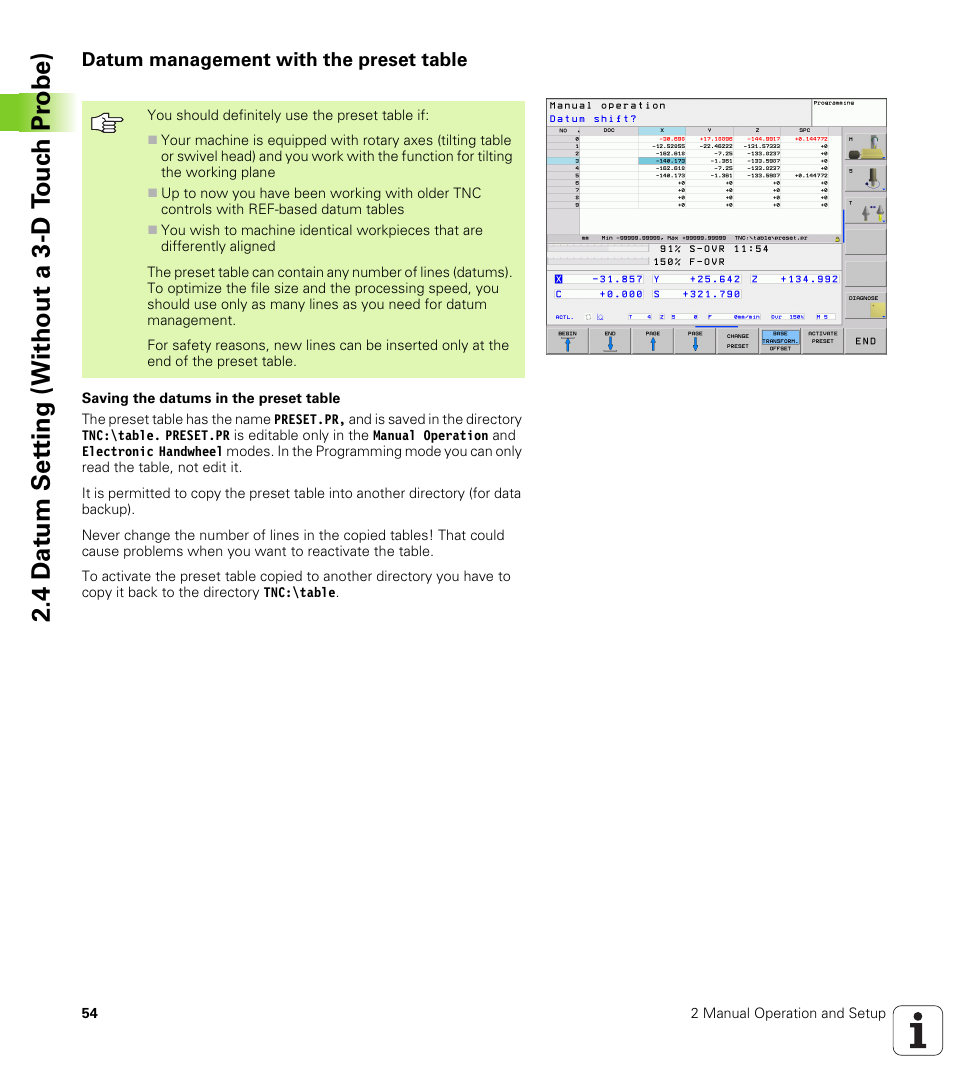 Datum management with the preset table, 4 d a tu m set ting (without a 3-d t ouc h pr obe) | HEIDENHAIN TNC 320 (340 55x-03) User Manual | Page 54 / 525