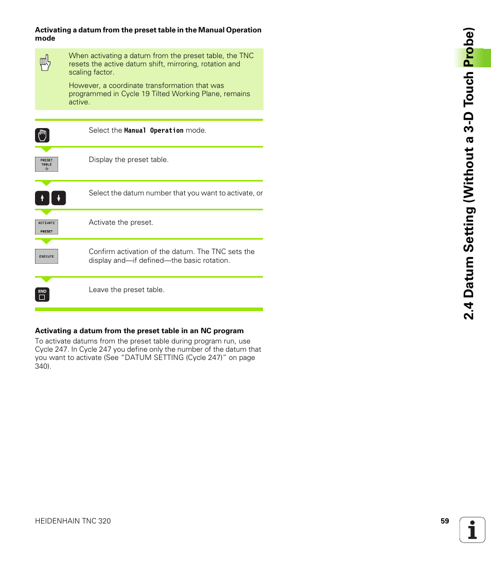 4 d a tu m set ting (without a 3-d t ouc h pr obe) | HEIDENHAIN TNC 320 (340 55x-03) User Manual | Page 59 / 525