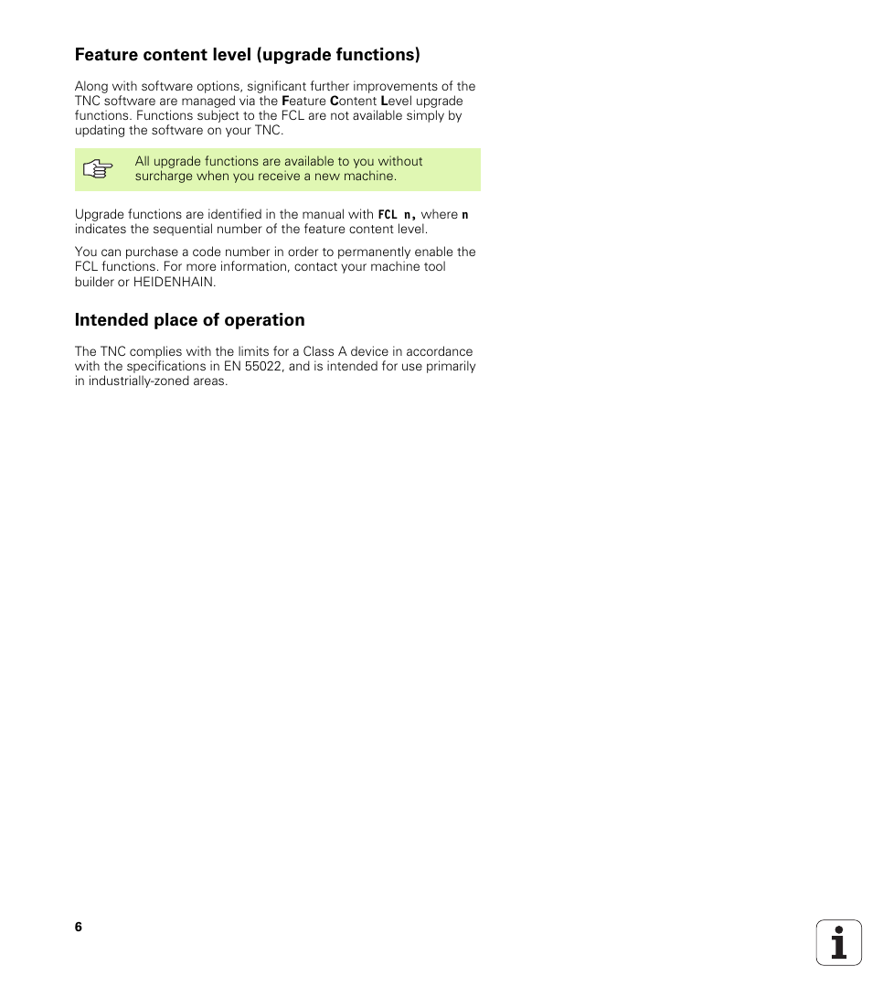 Feature content level (upgrade functions), Intended place of operation | HEIDENHAIN TNC 320 (340 55x-03) User Manual | Page 6 / 525