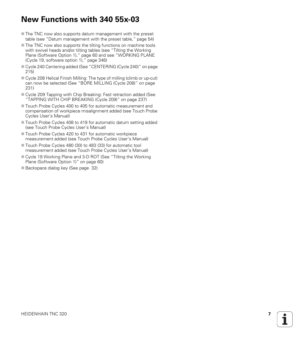 New functions with 340 55x-03 | HEIDENHAIN TNC 320 (340 55x-03) User Manual | Page 7 / 525