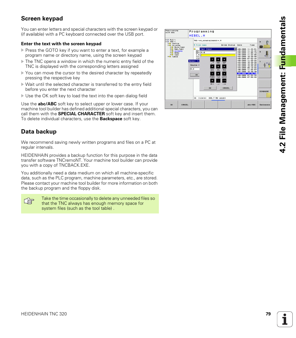 Screen keypad, Data backup, 2 file manag e ment: f undamentals | HEIDENHAIN TNC 320 (340 55x-03) User Manual | Page 79 / 525