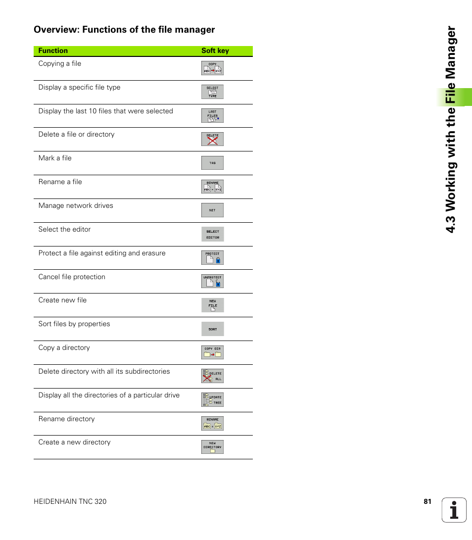 Overview: functions of the file manager, 3 w o rk ing with the file manag e r | HEIDENHAIN TNC 320 (340 55x-03) User Manual | Page 81 / 525