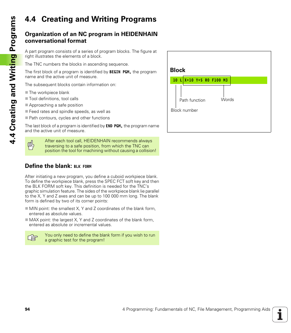 4 creating and writing programs, Define the blank: blk form | HEIDENHAIN TNC 320 (340 55x-03) User Manual | Page 94 / 525