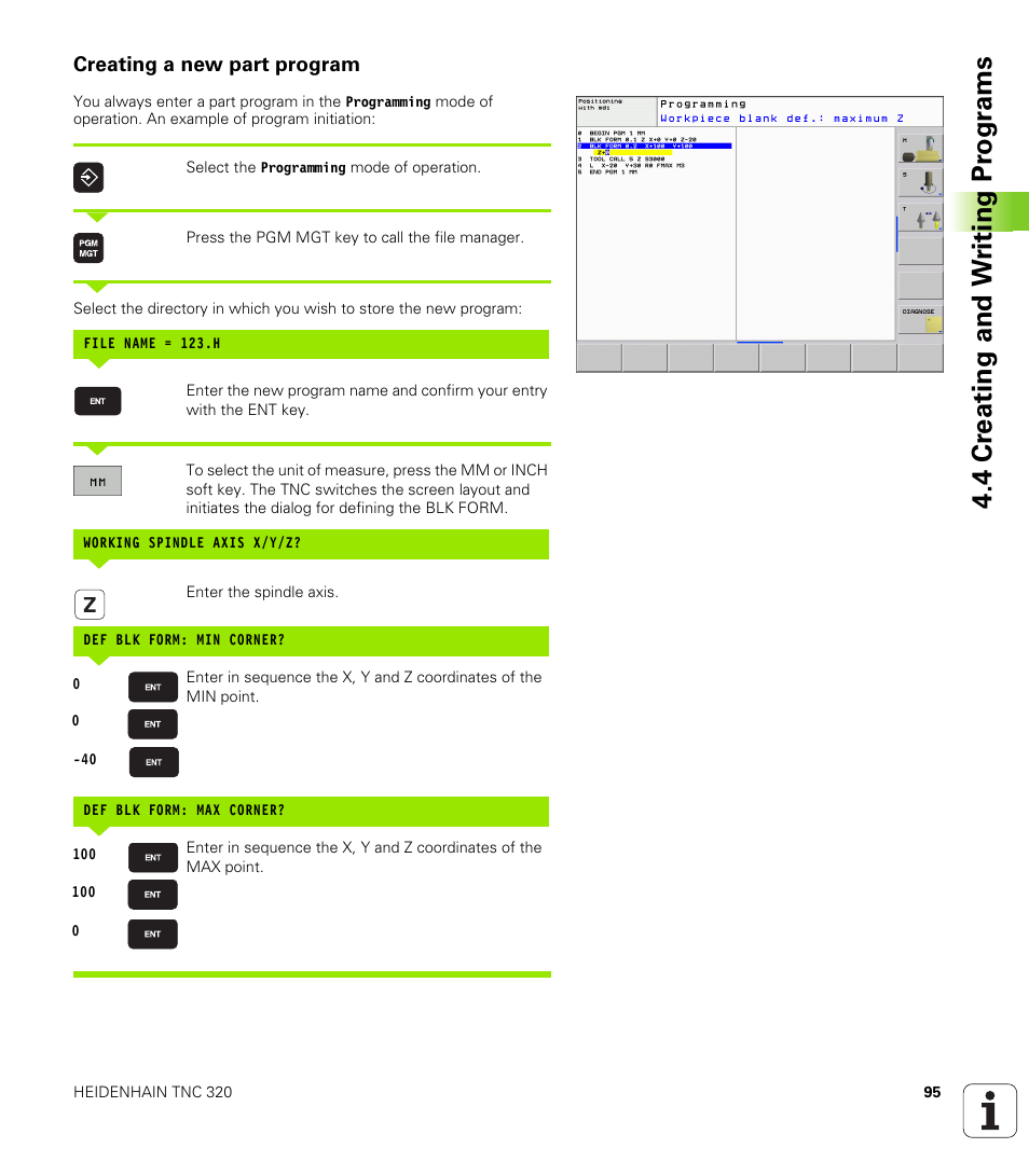 Creating a new part program, 4 cr eating and w riting pr ogr a ms | HEIDENHAIN TNC 320 (340 55x-03) User Manual | Page 95 / 525