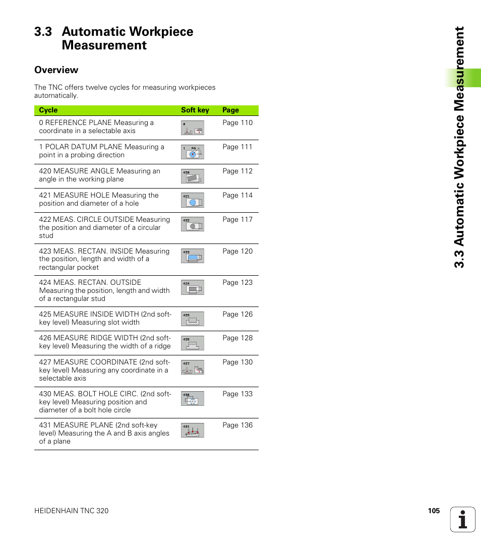 3 automatic workpiece measurement, Overview | HEIDENHAIN TNC 320 (340 55x-03) Touch Probe Cycles User Manual | Page 105 / 165
