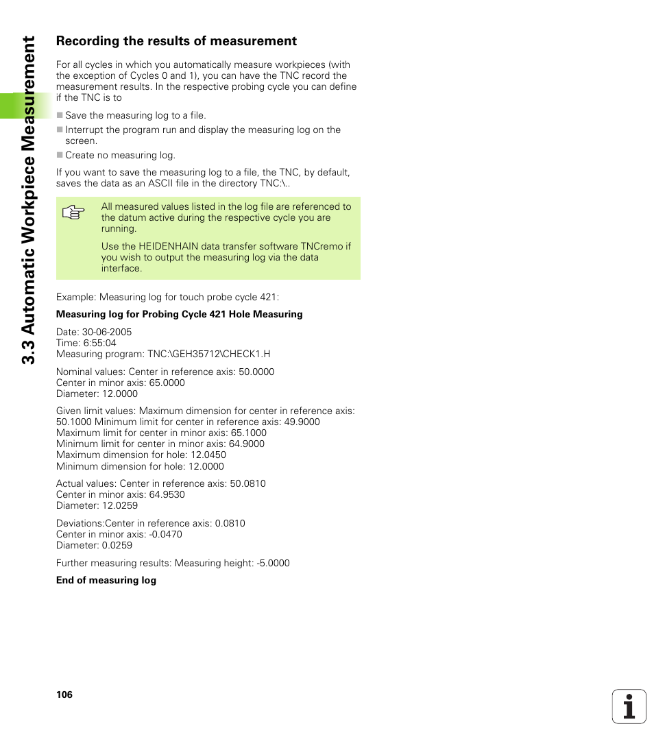 Recording the results of measurement, 3 a u to matic w o rk piece measur ement | HEIDENHAIN TNC 320 (340 55x-03) Touch Probe Cycles User Manual | Page 106 / 165