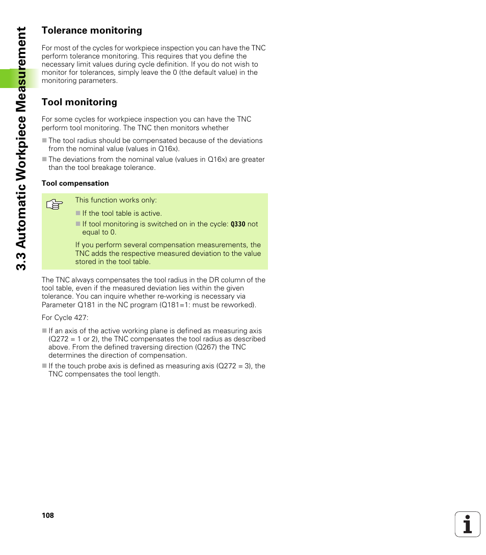 Tolerance monitoring, Tool monitoring, 3 a u to matic w o rk piece measur ement | HEIDENHAIN TNC 320 (340 55x-03) Touch Probe Cycles User Manual | Page 108 / 165