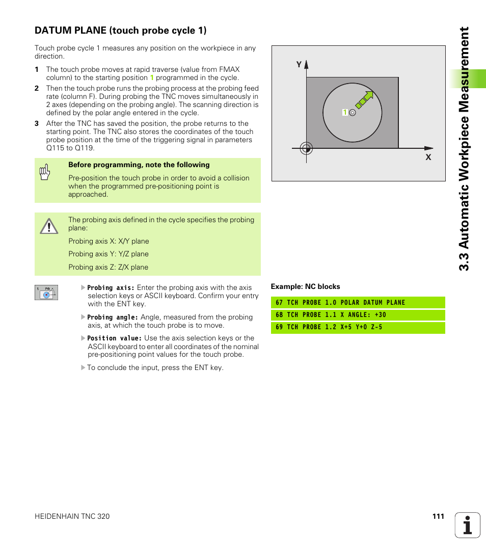 Datum plane (touch probe cycle 1), 3 a u to matic w o rk piece measur ement | HEIDENHAIN TNC 320 (340 55x-03) Touch Probe Cycles User Manual | Page 111 / 165