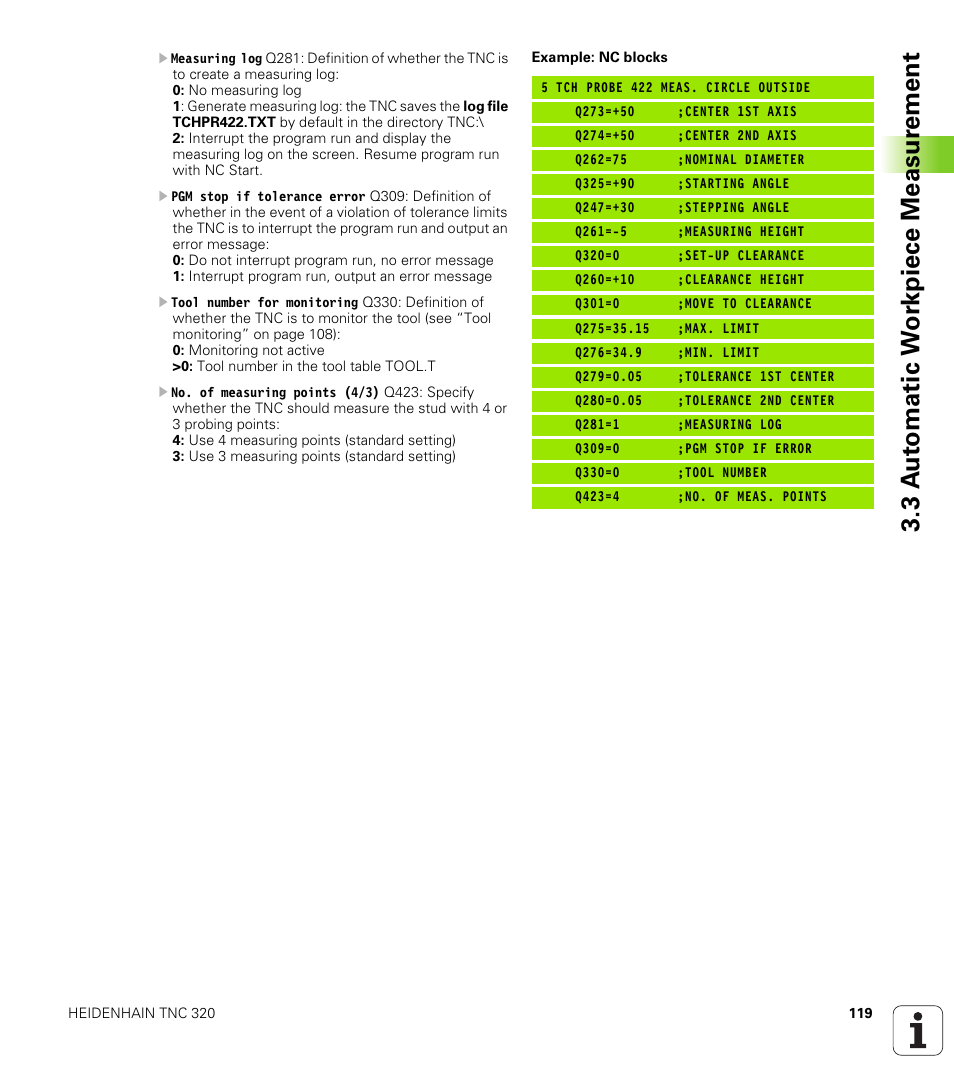 3 a u to matic w o rk piece measur ement | HEIDENHAIN TNC 320 (340 55x-03) Touch Probe Cycles User Manual | Page 119 / 165