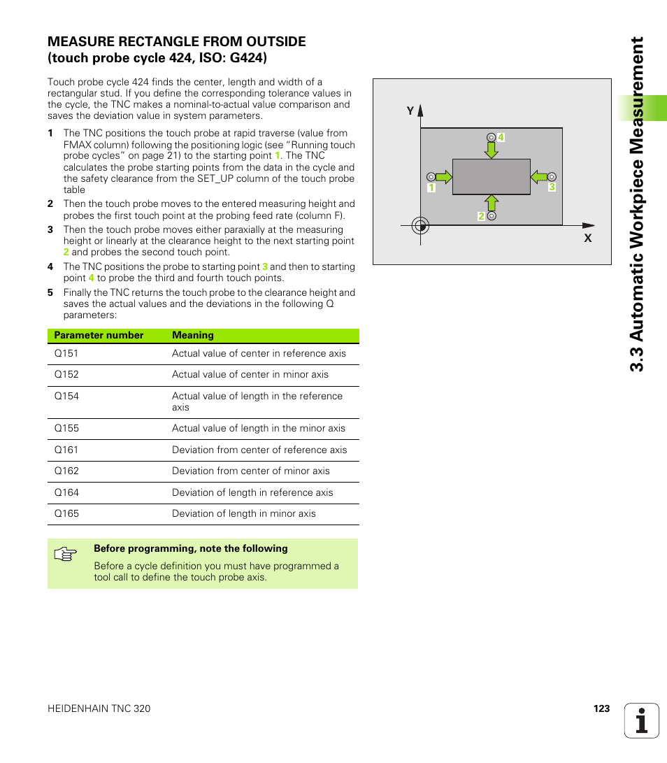 3 a u to matic w o rk piece measur ement | HEIDENHAIN TNC 320 (340 55x-03) Touch Probe Cycles User Manual | Page 123 / 165