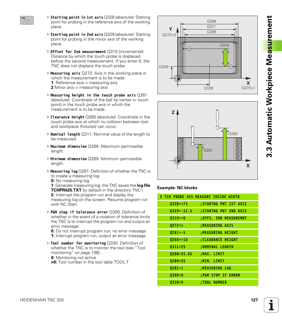 3 a u to matic w o rk piece measur ement | HEIDENHAIN TNC 320 (340 55x-03) Touch Probe Cycles User Manual | Page 127 / 165