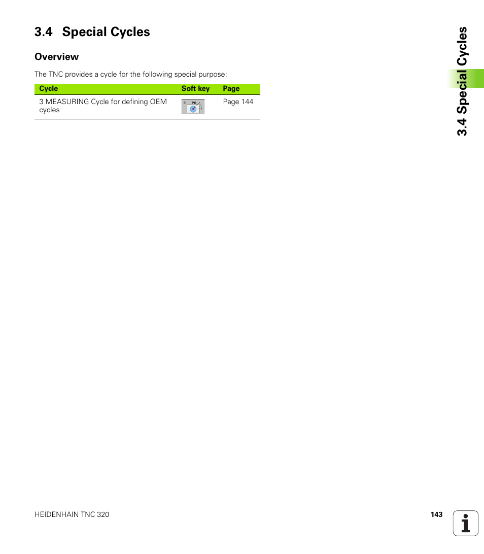 4 special cycles, Overview, 4 special cy cles 3.4 special cycles | HEIDENHAIN TNC 320 (340 55x-03) Touch Probe Cycles User Manual | Page 143 / 165