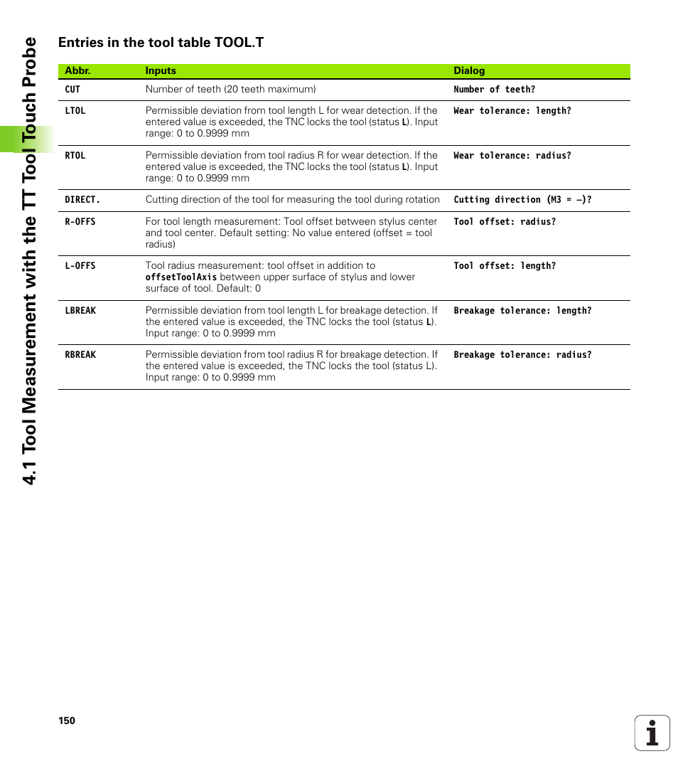 Entries in the tool table tool.t | HEIDENHAIN TNC 320 (340 55x-03) Touch Probe Cycles User Manual | Page 150 / 165