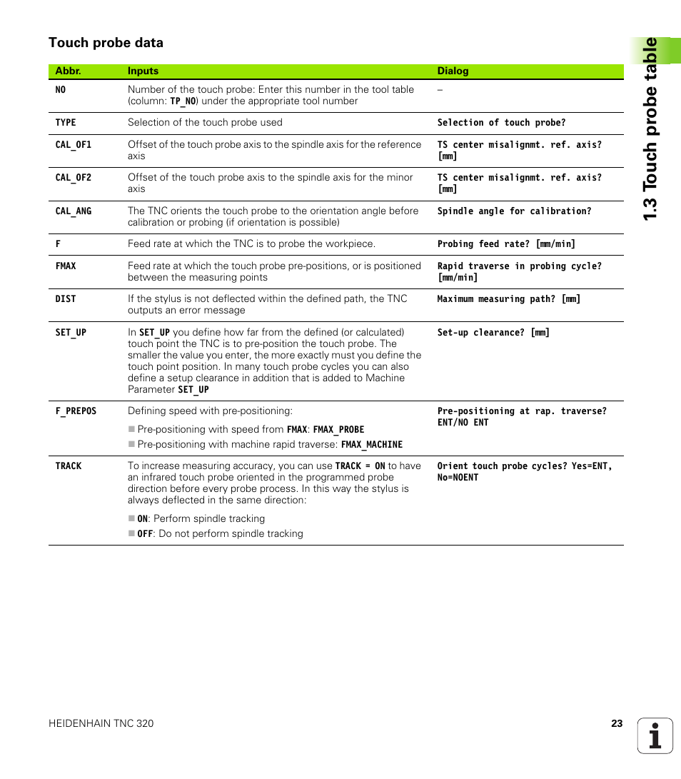 Touch probe data, 3 t ouc h pr obe table | HEIDENHAIN TNC 320 (340 55x-03) Touch Probe Cycles User Manual | Page 23 / 165