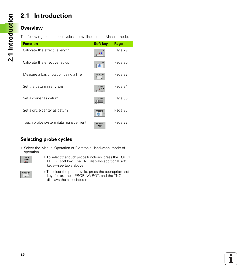 1 introduction, Overview, Selecting probe cycles | 1 intr oduction 2.1 introduction | HEIDENHAIN TNC 320 (340 55x-03) Touch Probe Cycles User Manual | Page 26 / 165