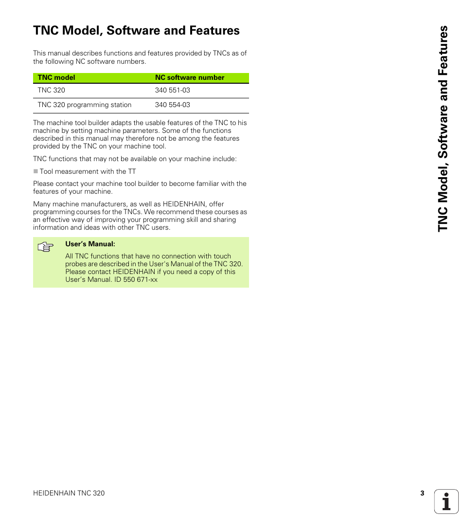 Tnc model, software and features | HEIDENHAIN TNC 320 (340 55x-03) Touch Probe Cycles User Manual | Page 3 / 165