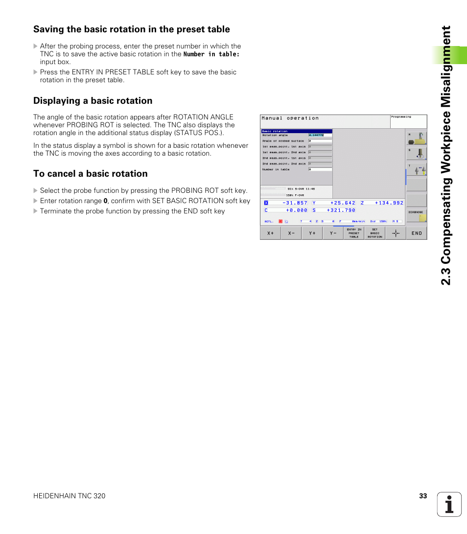 Saving the basic rotation in the preset table, Displaying a basic rotation, To cancel a basic rotation | 3 compensating w o rk piece misalignment | HEIDENHAIN TNC 320 (340 55x-03) Touch Probe Cycles User Manual | Page 33 / 165